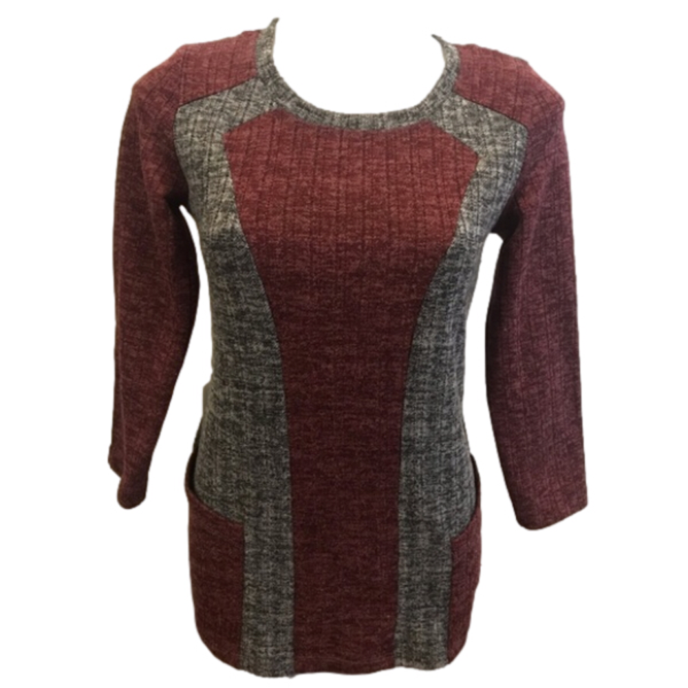 Studio Burgandy Gray Tunic Crewneck Long Sleeve Sweater Top